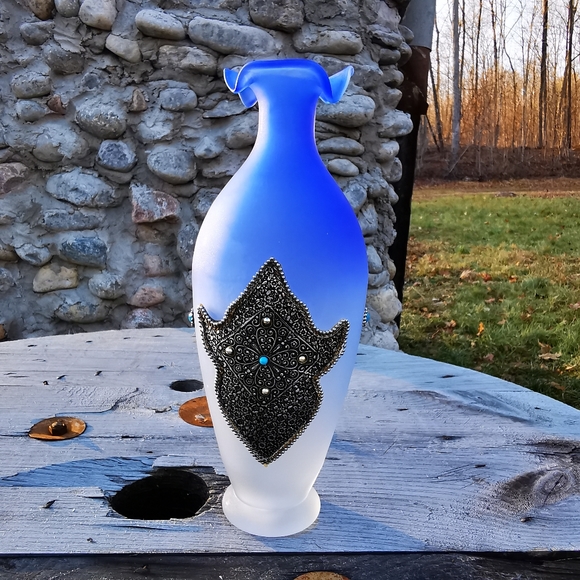 Vintage Blue Ombre Frosted Satin Art Glass Vase with Applied Metal Accents - Picture 11 of 17